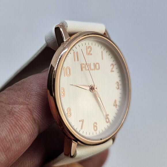 Folio Women's Watch 32MM Light Gray Dial Cream Faux Leather Bands New Battery - Picture 4 of 14